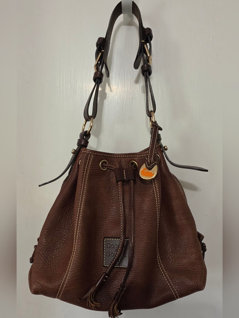 Dooney & Bourke Dark Brown Pebbled Leather Drawstring Shoulder Bag